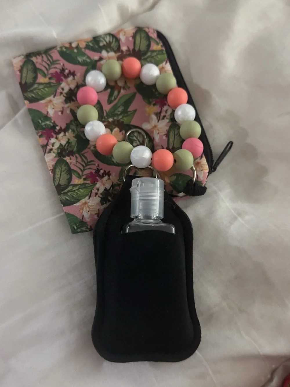 Beaded Hand Sanitizer Holder Wristlet - Pink, Coral, Sage & White